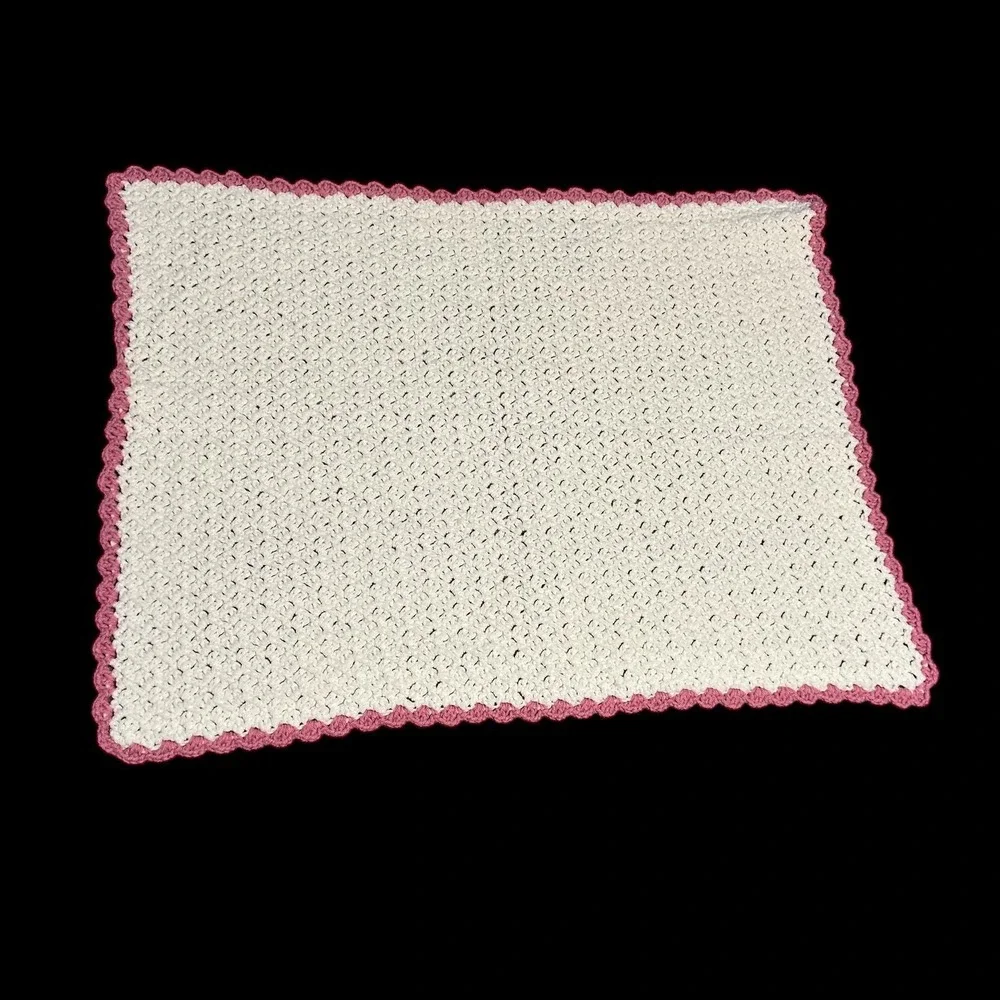 Handmade Crochet Baby Afghan Blanket Cream‎ Pink Scallop Edge 37x27
